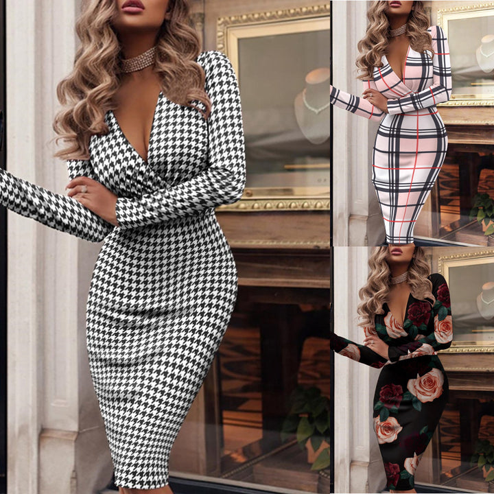 Women’s Fitted Wrap Midi Dress with Deep V-Neck and Rose Print Mune Fashion