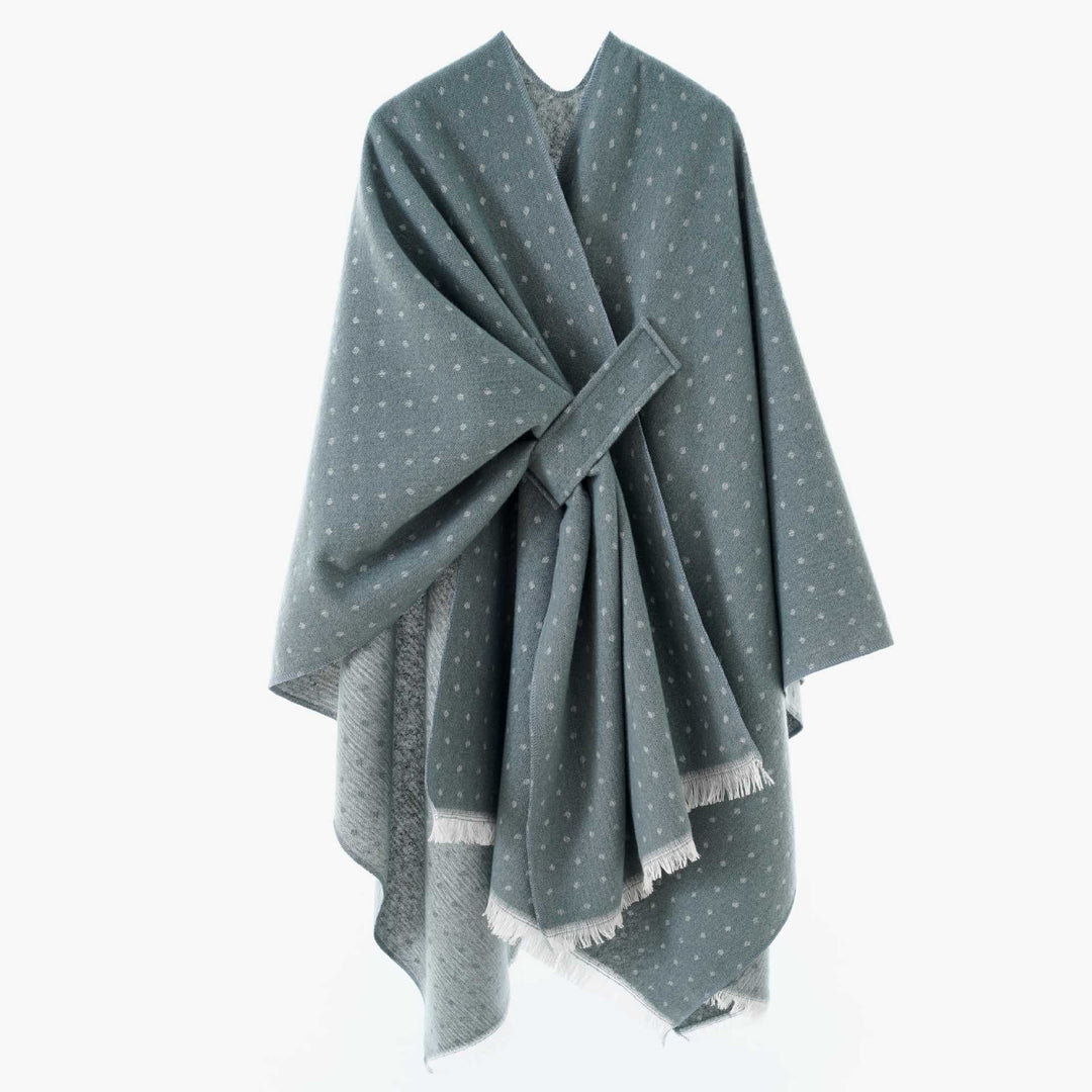 Women's Reversible Wool Mix Poncho with Houndstooth Jacquard and Ties Belt Mune Fashion