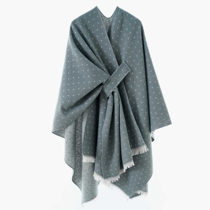 Women's Reversible Wool Mix Poncho with Houndstooth Jacquard and Ties Belt Mune Fashion