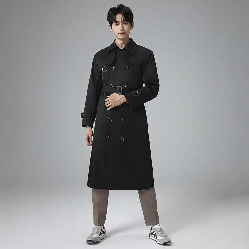 Men's Modern Tech Trench Coat with Double-Breasted Button Placket, Tie Belt and Subtle Ring Details Mune Fashion