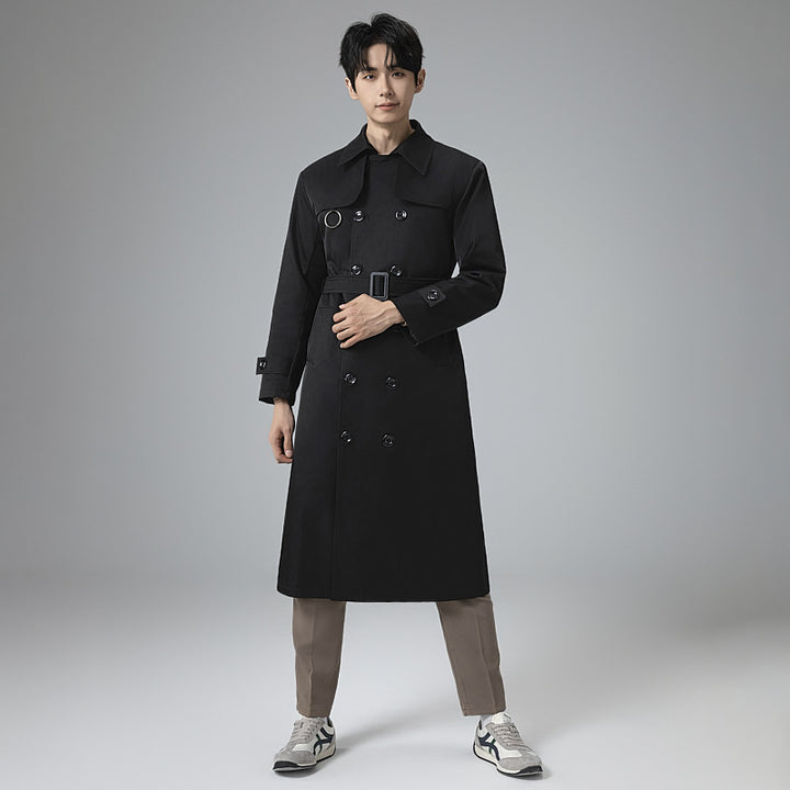 Men's Modern Tech Trench Coat with Double-Breasted Button Placket, Tie Belt and Subtle Ring Details Mune Fashion
