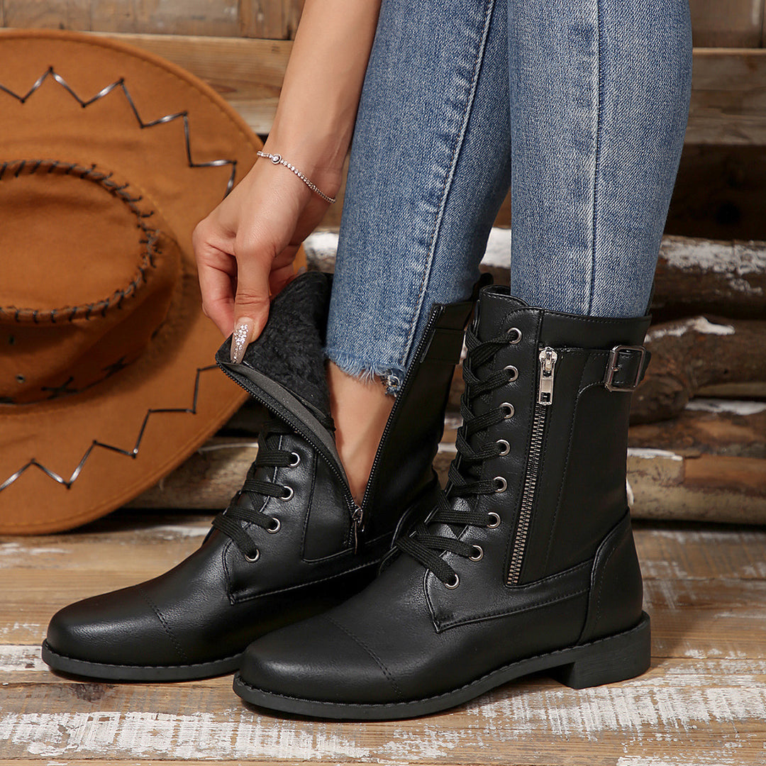 Women's robust lace-up biker ankle boots with side zipper and decorative strap Mune Fashion