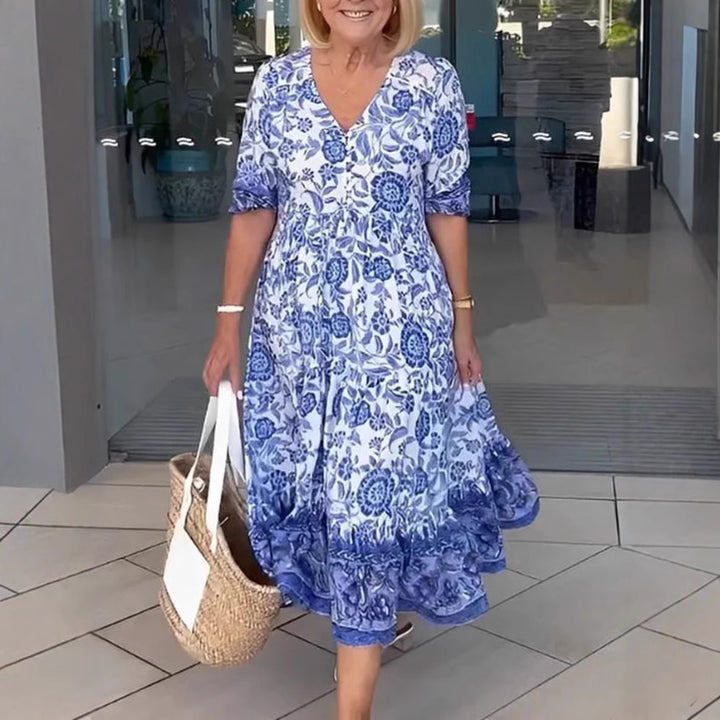 Women's Casual Tiered Midi Dress with V-Neck, Gathered Yoke and Ruffled Hem Mune Fashion