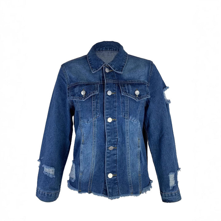 Ladies short cut denim jacket in trucker style with fringe detailing Mune Fashion