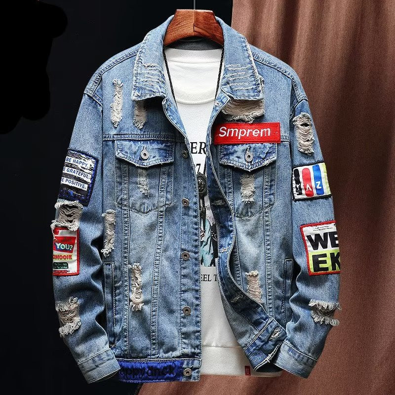 Men's Casual Denim Jacket with Creative Appliqués Mune Fashion