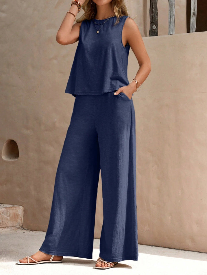 Women Two-Piece Jersey Set with Sleeveless Top and Wide Palazzo Pants Mune Fashion