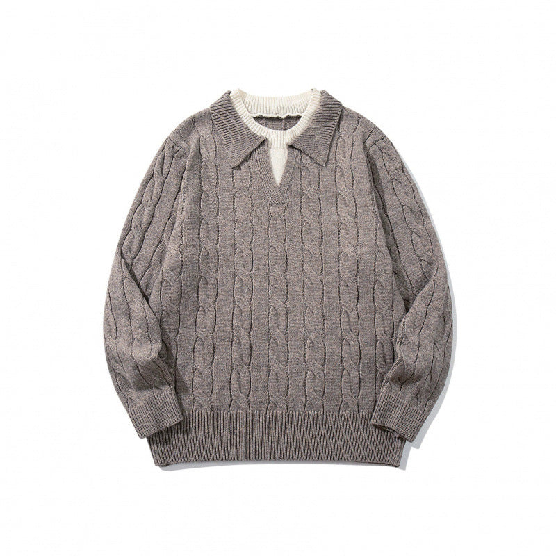 Men's chunky knit cable pattern sweater with polo collar and V-neck Mune Fashion