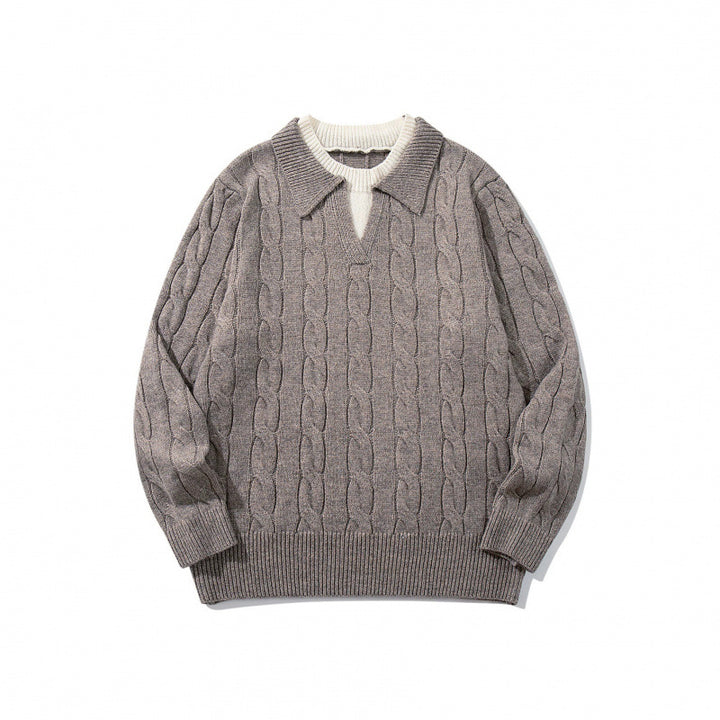 Men's chunky knit cable pattern sweater with polo collar and V-neck Mune Fashion