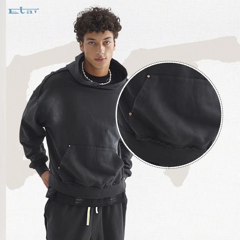 Unisex Oversized Hoodie with Frayed Hem, Kangaroo Pocket and Washed Bleach Effect Mune Fashion