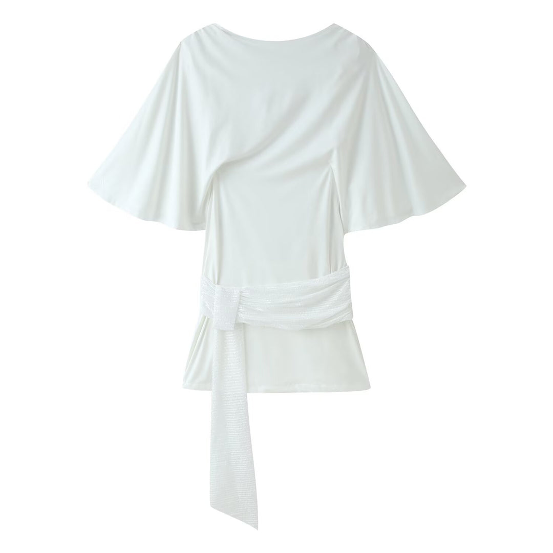 Women's flowing blouse top with cape sleeves and decorative waist scarf Mune Fashion