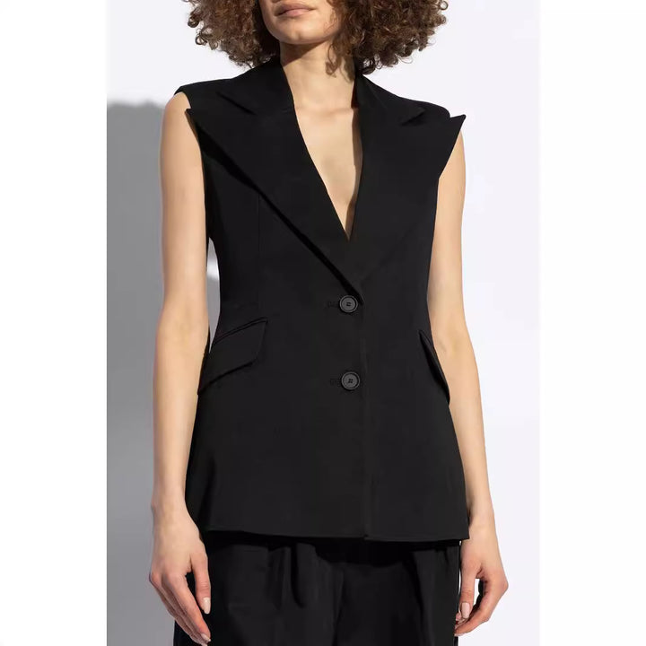 Women's Sleeveless Blazer with Distinctive Shawl Collar and Tailored Silhouette Mune Fashion