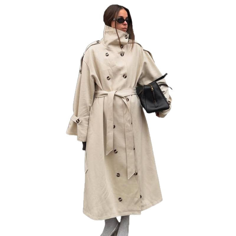 Women's Long Oversized Trench Coat with High Stand Collar, Bell Sleeves and Tie Belt Mune Fashion