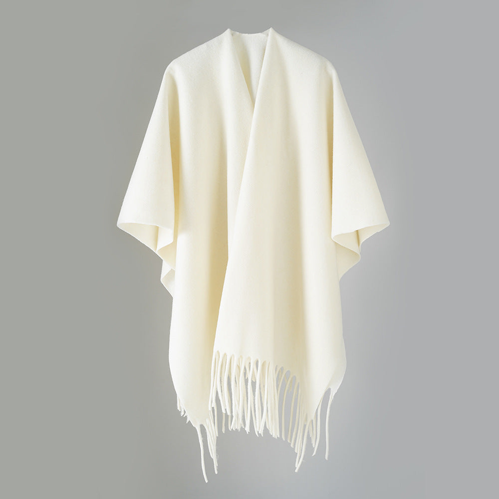 Women's Open Wool Blend Cape-Style Throw with Fringe Hem Mune Fashion