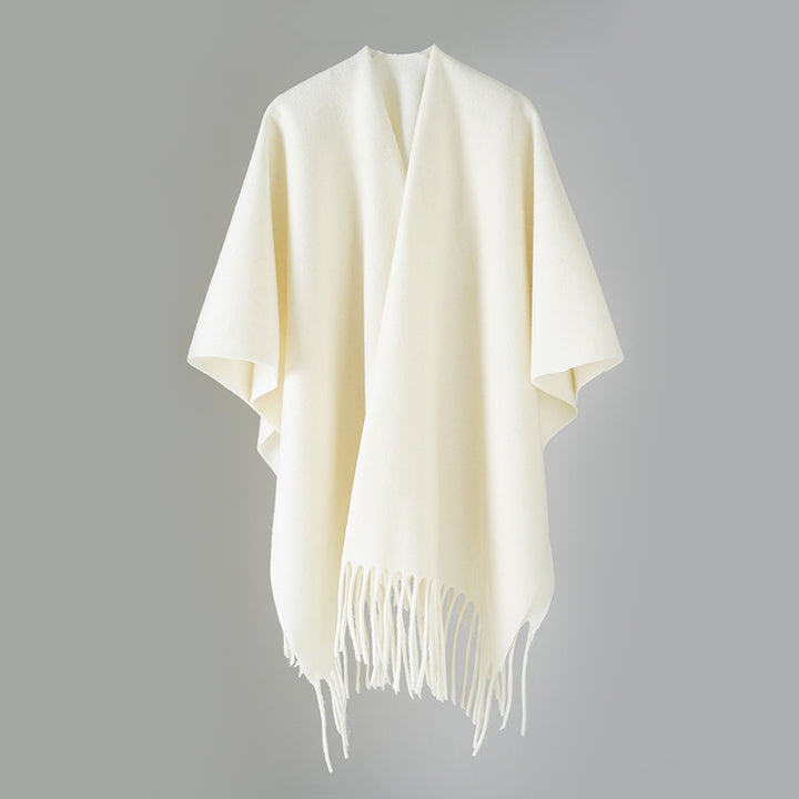 Women's Open Wool Blend Cape-Style Throw with Fringe Hem Mune Fashion