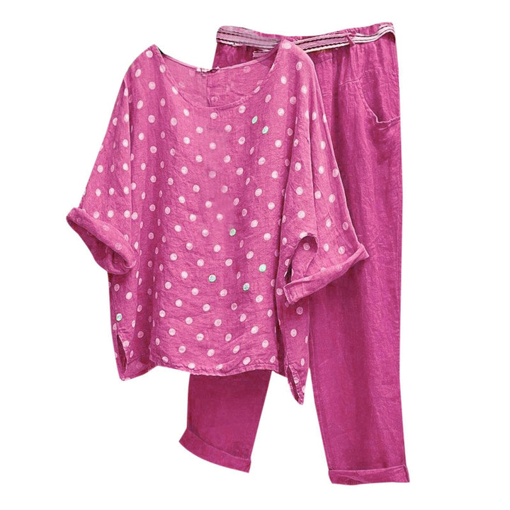 Women's Linen Loungewear Set with Polka Dot Oversized Tunic and Elastic Waist Pants Mune Fashion