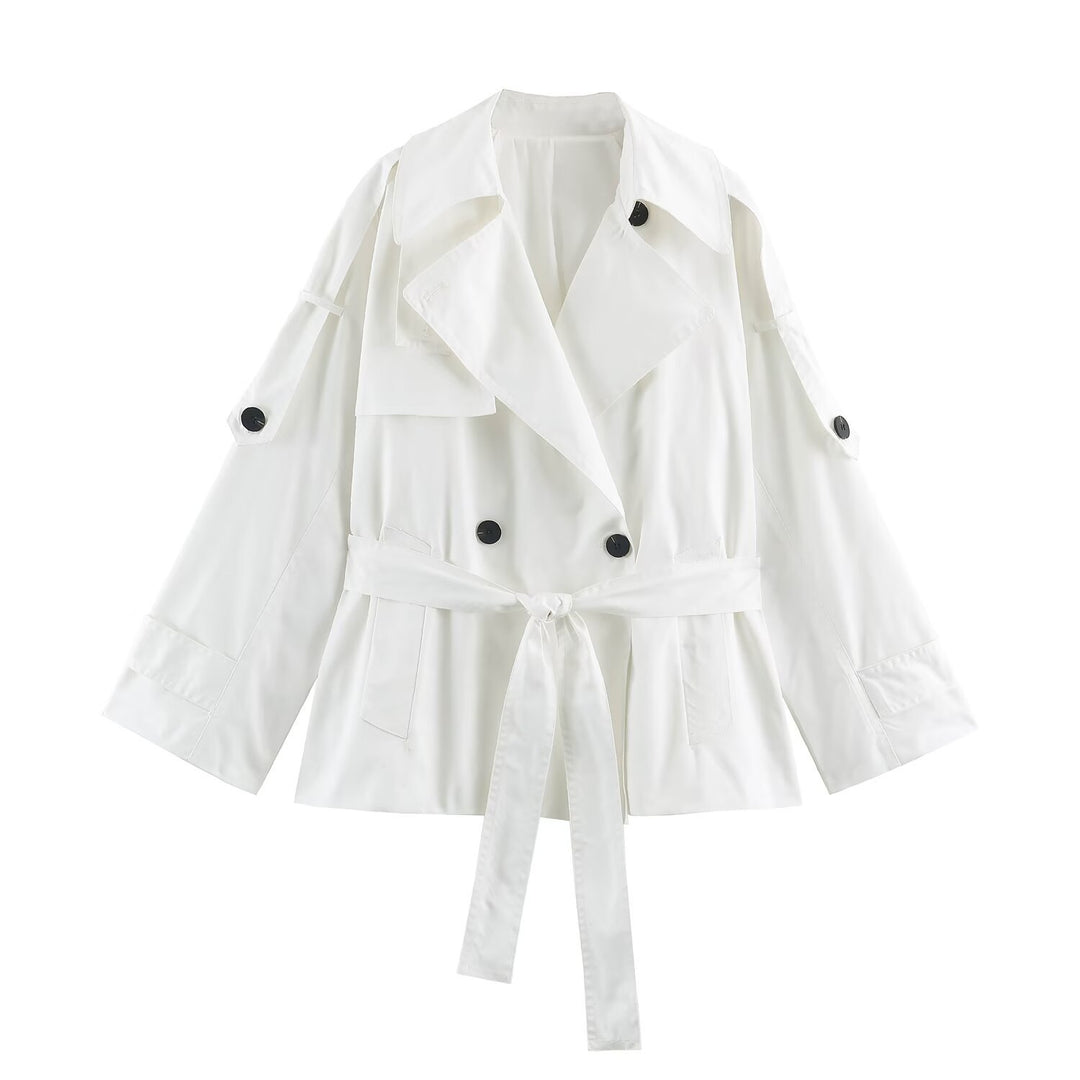 Women's short lightweight trench coat with tie belt, dropped shoulders and double button placket Mune Fashion