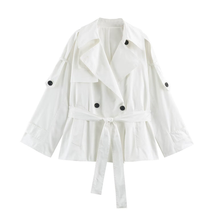 Women's short lightweight trench coat with tie belt, dropped shoulders and double button placket Mune Fashion