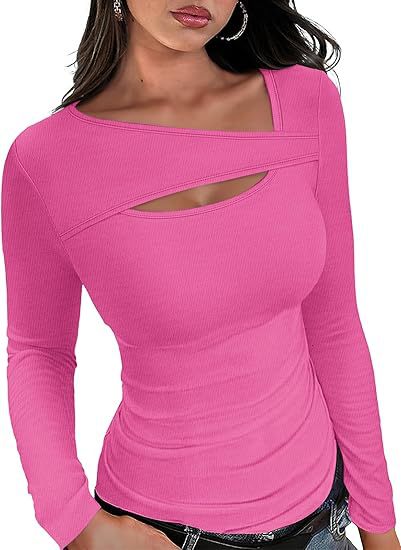 Women's Ribbed Long Sleeve Shirt with Asymmetrical Off-Shoulder Neckline and Chest Cut-Out Mune Fashion