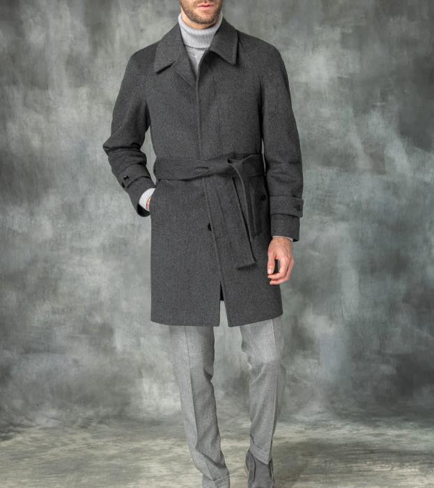 Men's coat mid-length made of wool blend with tie belt and concealed button placket Mune Fashion