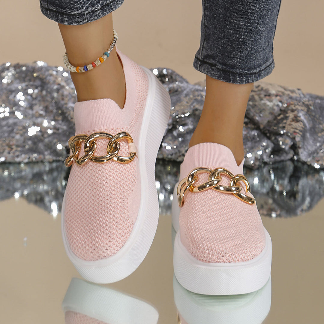 Ladies' Knit Slip-On Sneakers with Platform Sole and Eye-Catching Metal Chain Decoration Mune Fashion