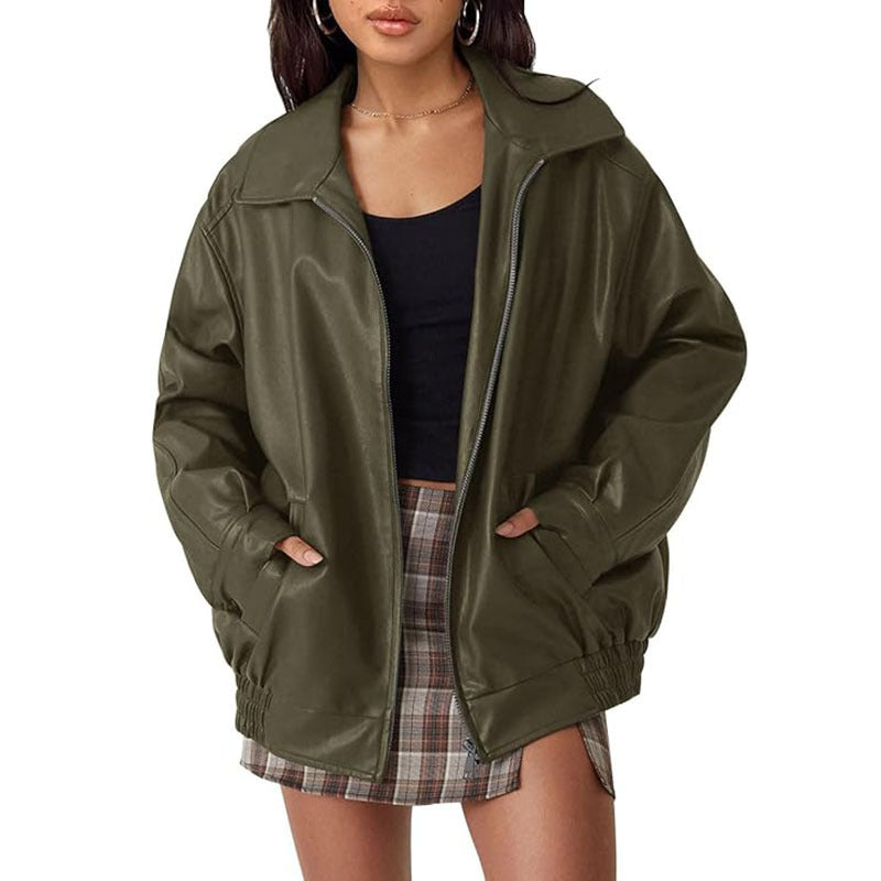Women Oversize Faux Leather Blouson with Zipper and Elastic Hem Mune Fashion
