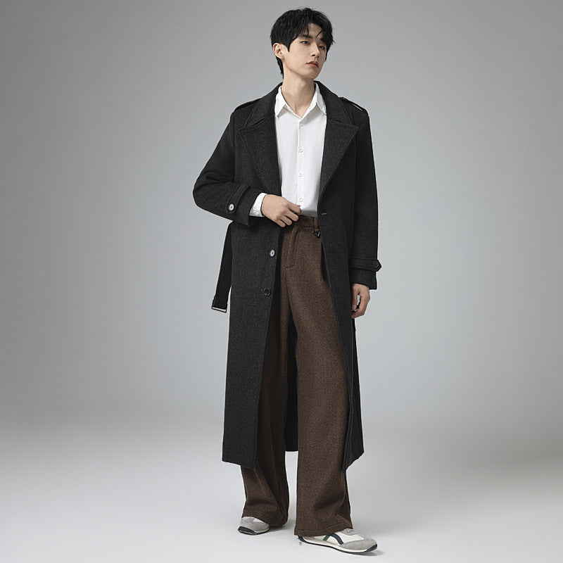 Men's maxi-length wool blend coat with tailored silhouette, shawl collar, and decorative shoulder straps Mune Fashion
