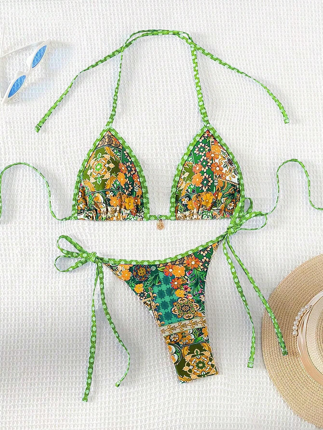 Women's triangle bikini with colorful floral pattern mix and adjustable straps Mune Fashion