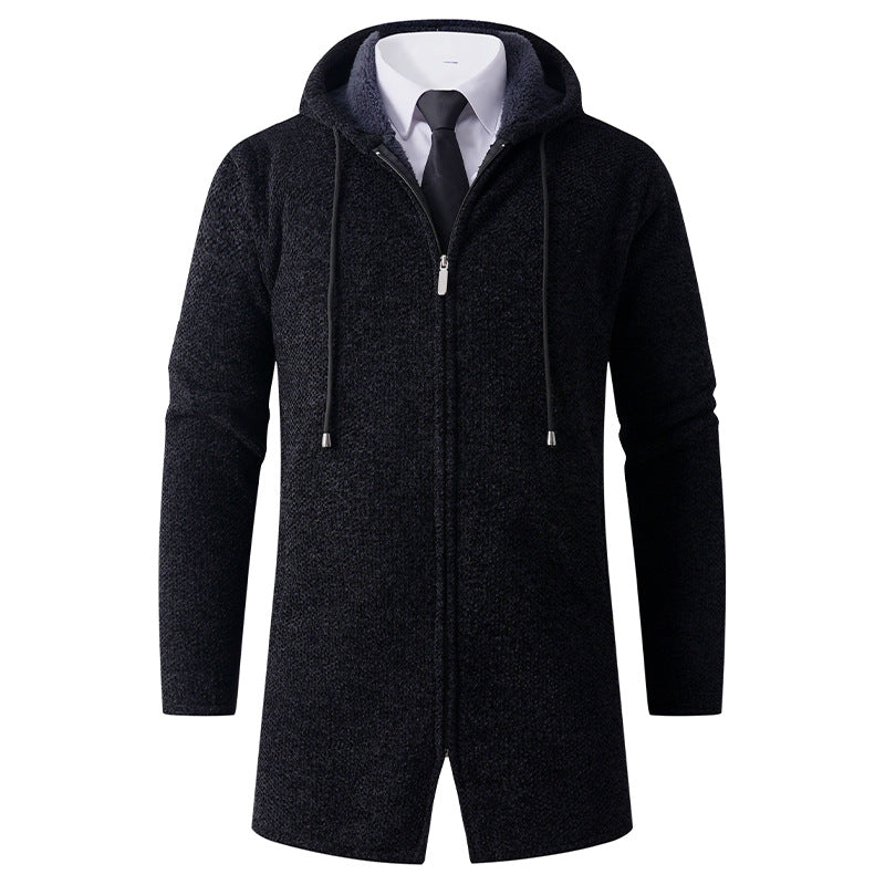 Men's fitted knit coat with hood, full-length zipper and warming teddy lining inside Mune Fashion