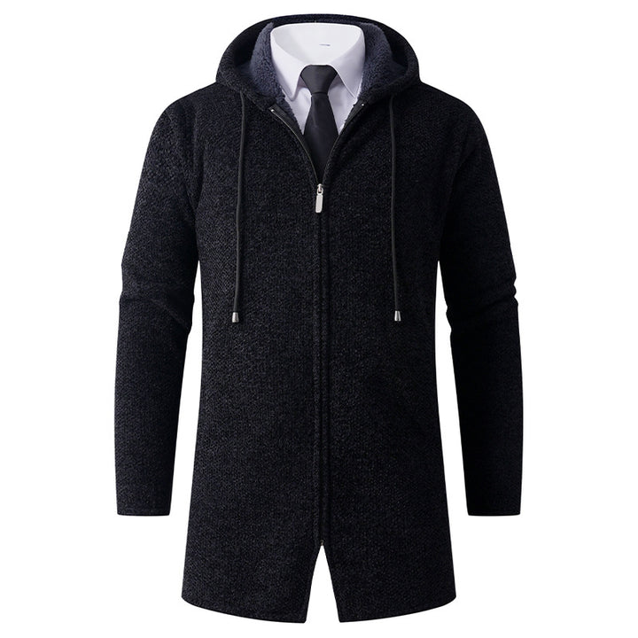 Men's fitted knit coat with hood, full-length zipper and warming teddy lining inside Mune Fashion
