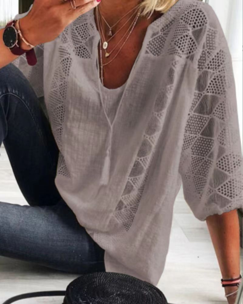 Women's airy crochet blouse with V-neck and balloon sleeves Mune Fashion