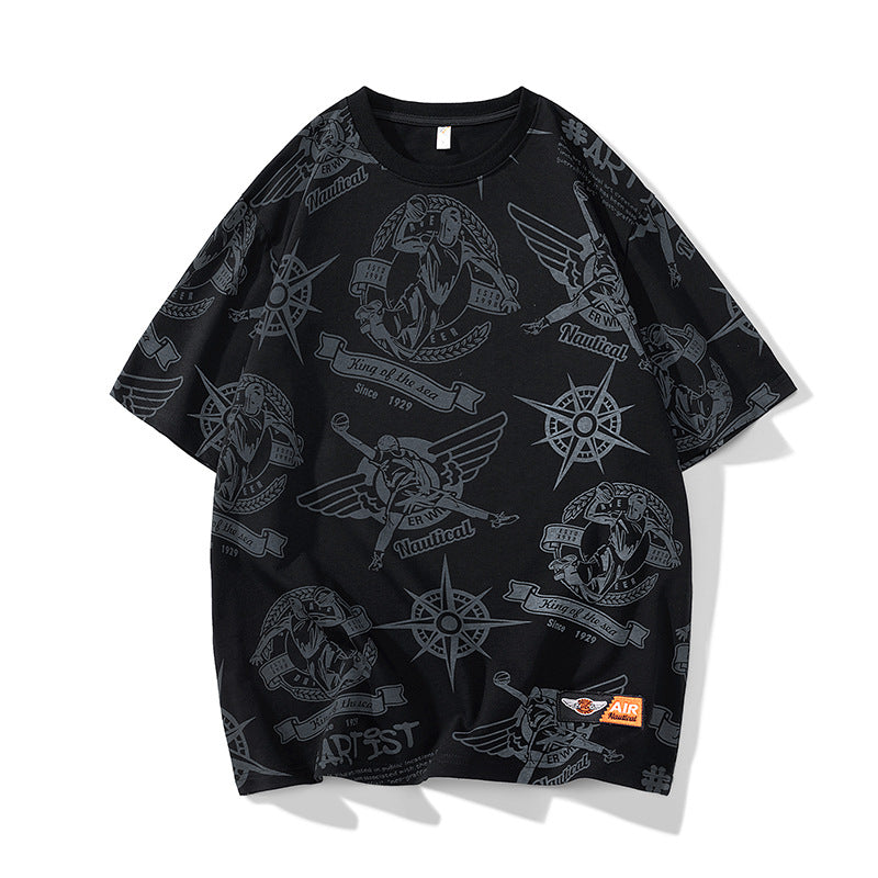 Men's Oversize Print T-Shirt with Allover Nautical Logos and Crew Neck Mune Fashion