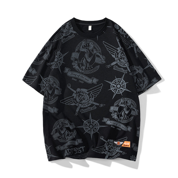 Men's Oversize Print T-Shirt with Allover Nautical Logos and Crew Neck Mune Fashion