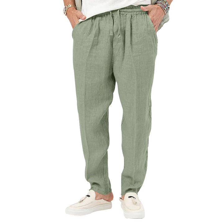 Men's linen jog pants with elastic tunnel drawstring waistband and tapered leg Mune Fashion