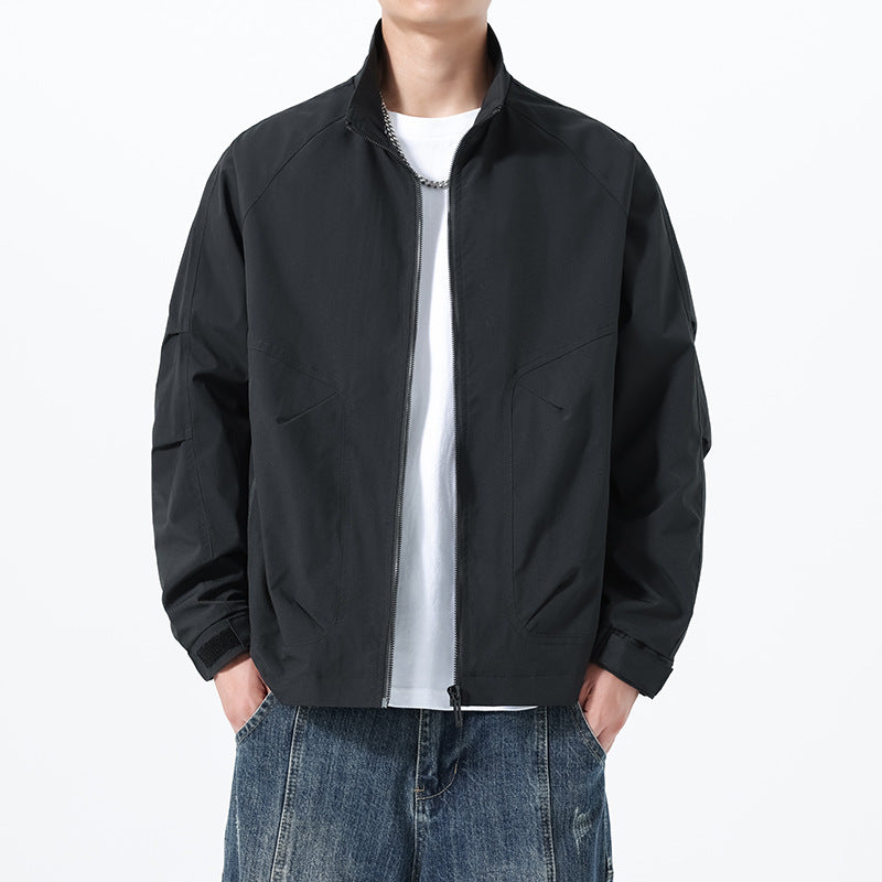 Men's Lightweight Utility Transitional Jacket with Stand Collar, Raglan Sleeves, and Adjustable Velcro Cuffs Mune Fashion