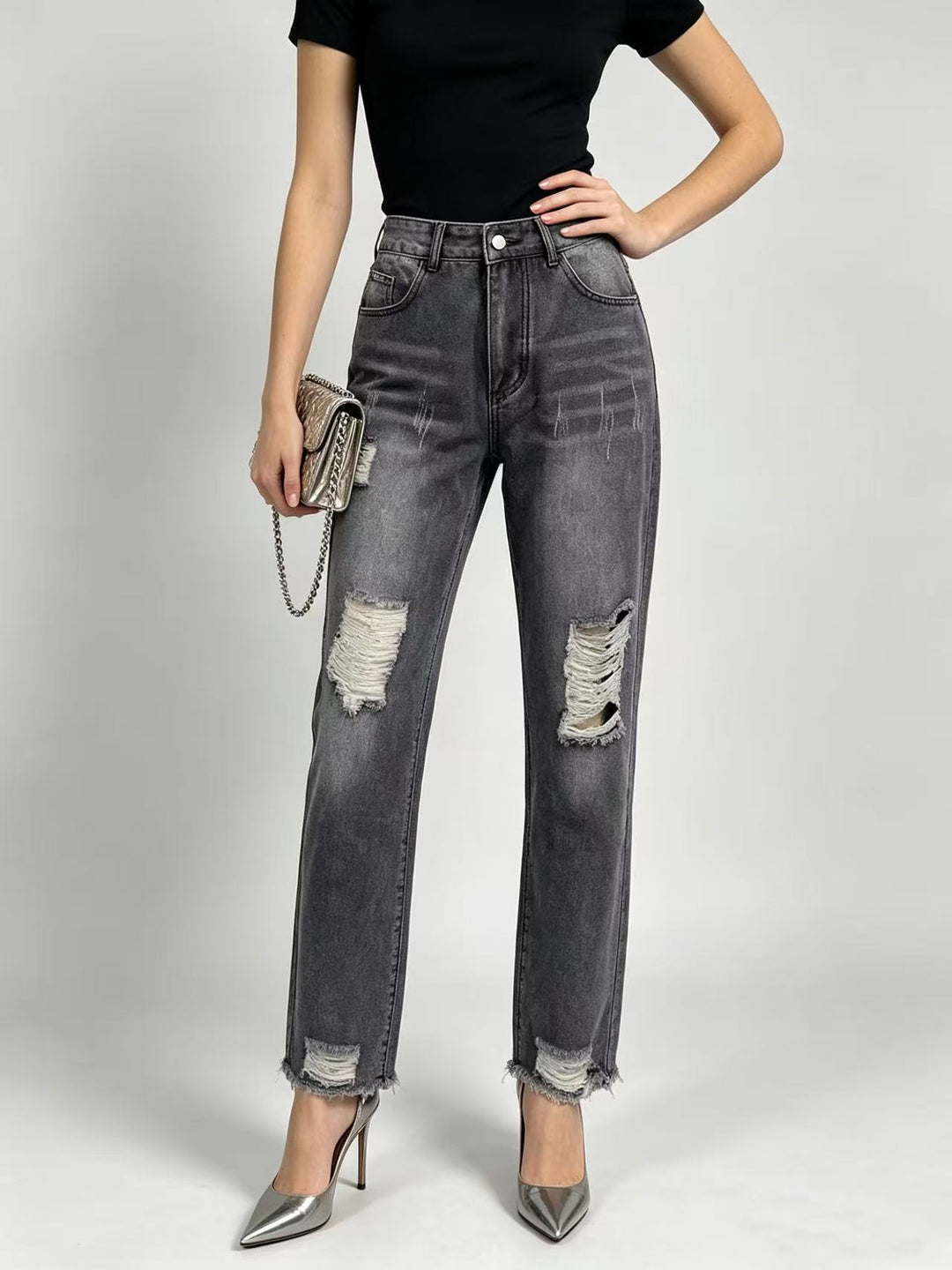 Women's high-waisted Straight Leg Jeans with targeted tear details and raw ankle hem Mune Fashion