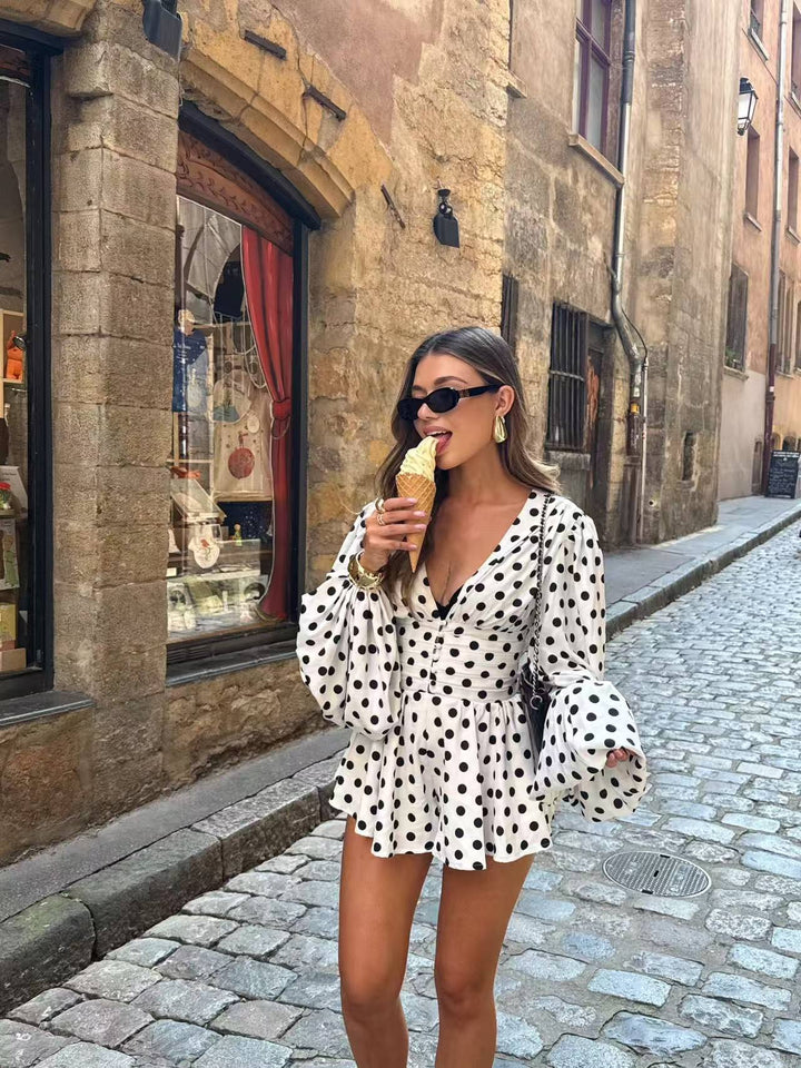 Women’s Short Polka-Dot Dress with Deep V-Neck, Balloon Sleeves and Button Placket Mune Fashion