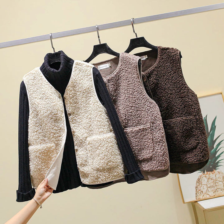 Ladies Teddy Fleece Vest with Button Placket and Patch Pockets Mune Fashion
