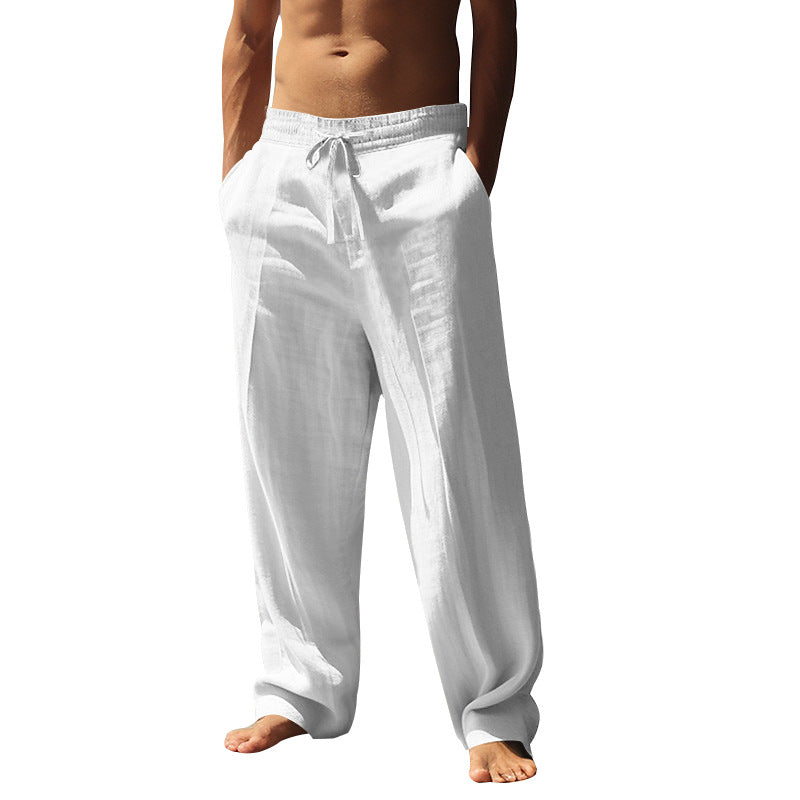 Men's relaxed fit palazzo pants made of linen blend with decorative crease and drawstring Mune Fashion