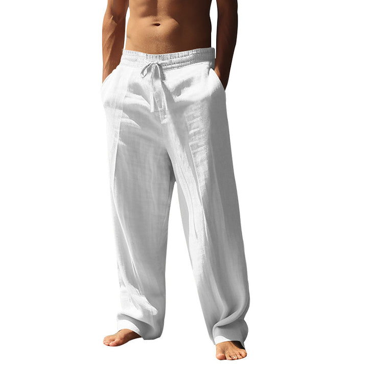 Men's relaxed fit palazzo pants made of linen blend with decorative crease and drawstring Mune Fashion