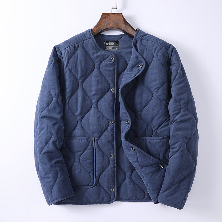 Men's Padded Quilted Jacket without Collar with Round Neck and Patch Pockets Mune Fashion