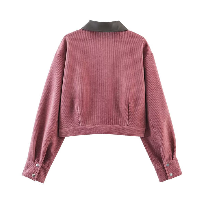Women Short Cut Cord Jacket with Faux Leather Collar, Front Zipper and Flap Pockets Mune Fashion