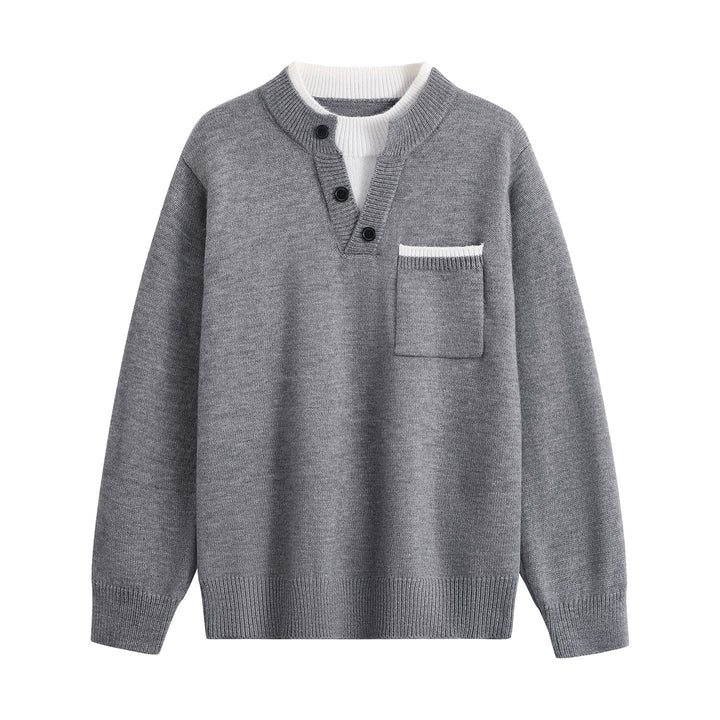 Men's fine knit Henley sweater with button placket, chest pocket & contrast collar Mune Fashion