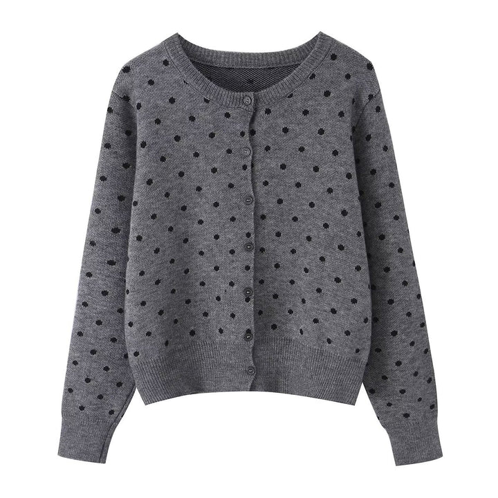 Women short cut fine knitted cardigan with round neckline, button placket and all-over polka dot pattern Mune Fashion