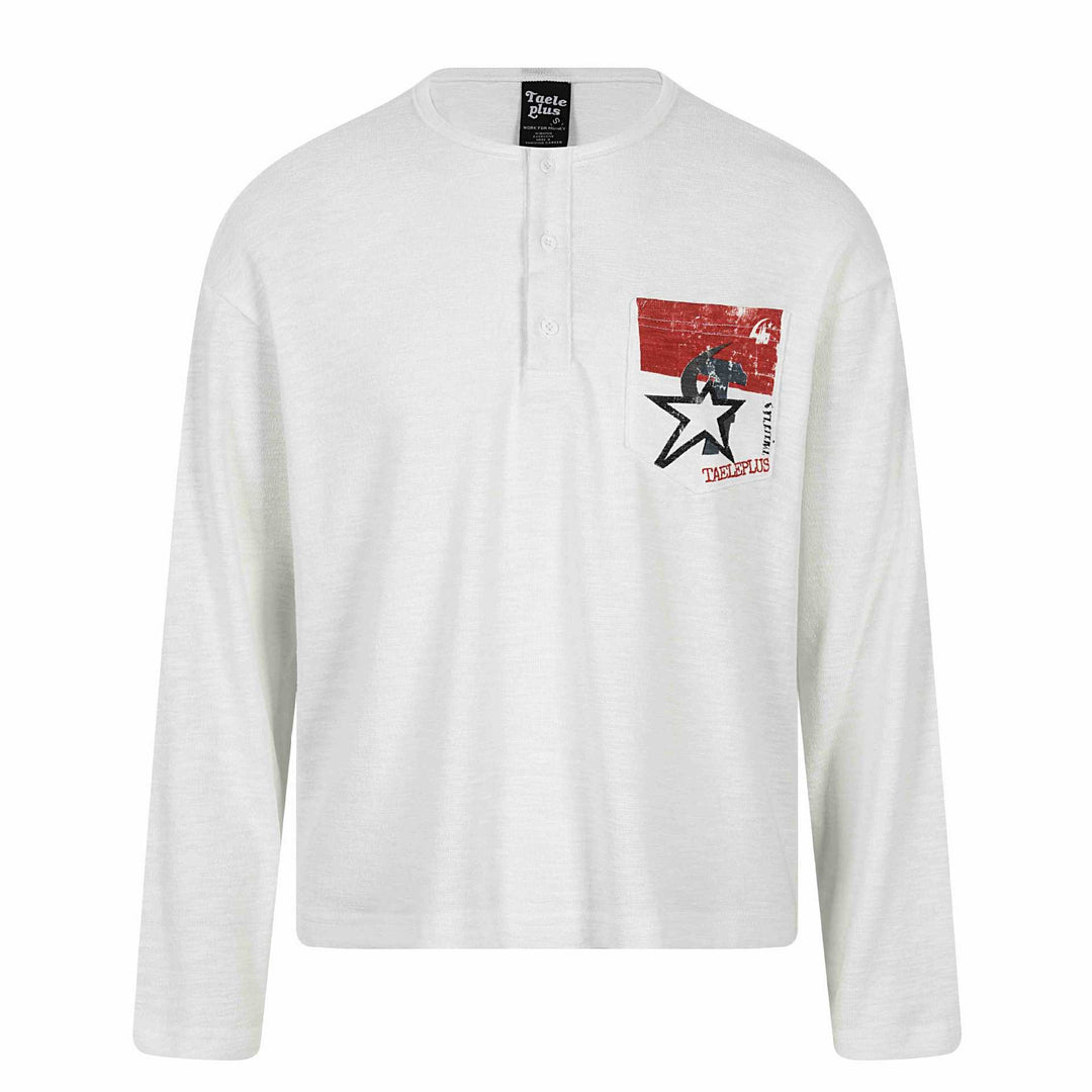 Unisex Long Sleeve Henley Shirt with Chest Pocket and Vintage Print Mune Fashion