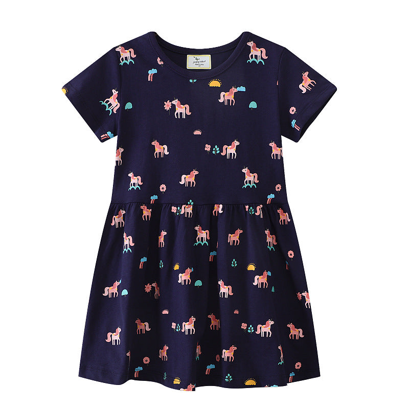Girls Short Sleeve Dress with Playful Unicorn Motif Mune Fashion