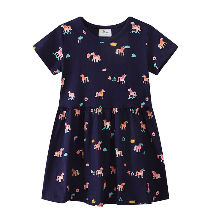 Girls Short Sleeve Dress with Playful Unicorn Motif Mune Fashion