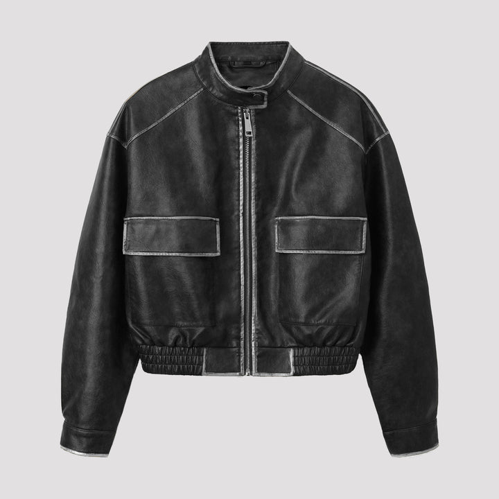 Men's Vintage Leather Bomber Jacket with Stand Collar, Flap Pockets and Elastic Waist Mune Fashion