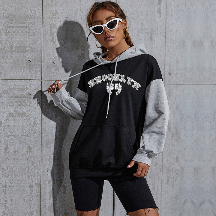 Women's Oversized Hoodie in College Style with Color Block Sleeves, Kangaroo Pocket and Drawstring