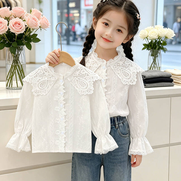 Girls elegant blouse with ruffled collar and lace accents Mune Fashion