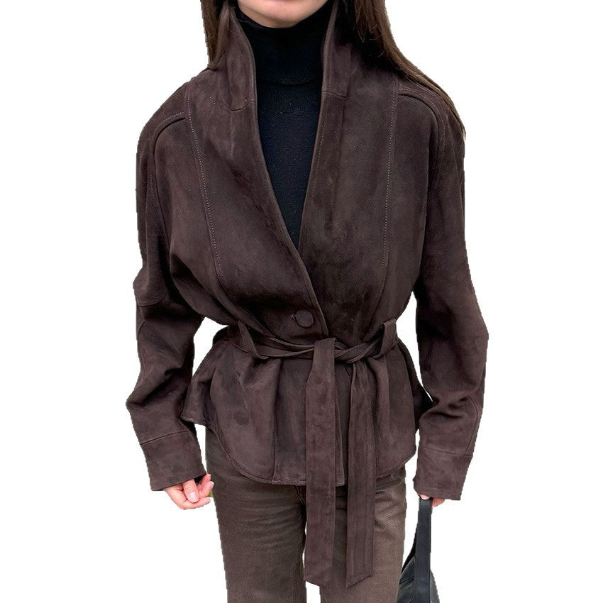 Women Velvet Leather Jacket with Shawl Collar and Tie Belt Mune Fashion